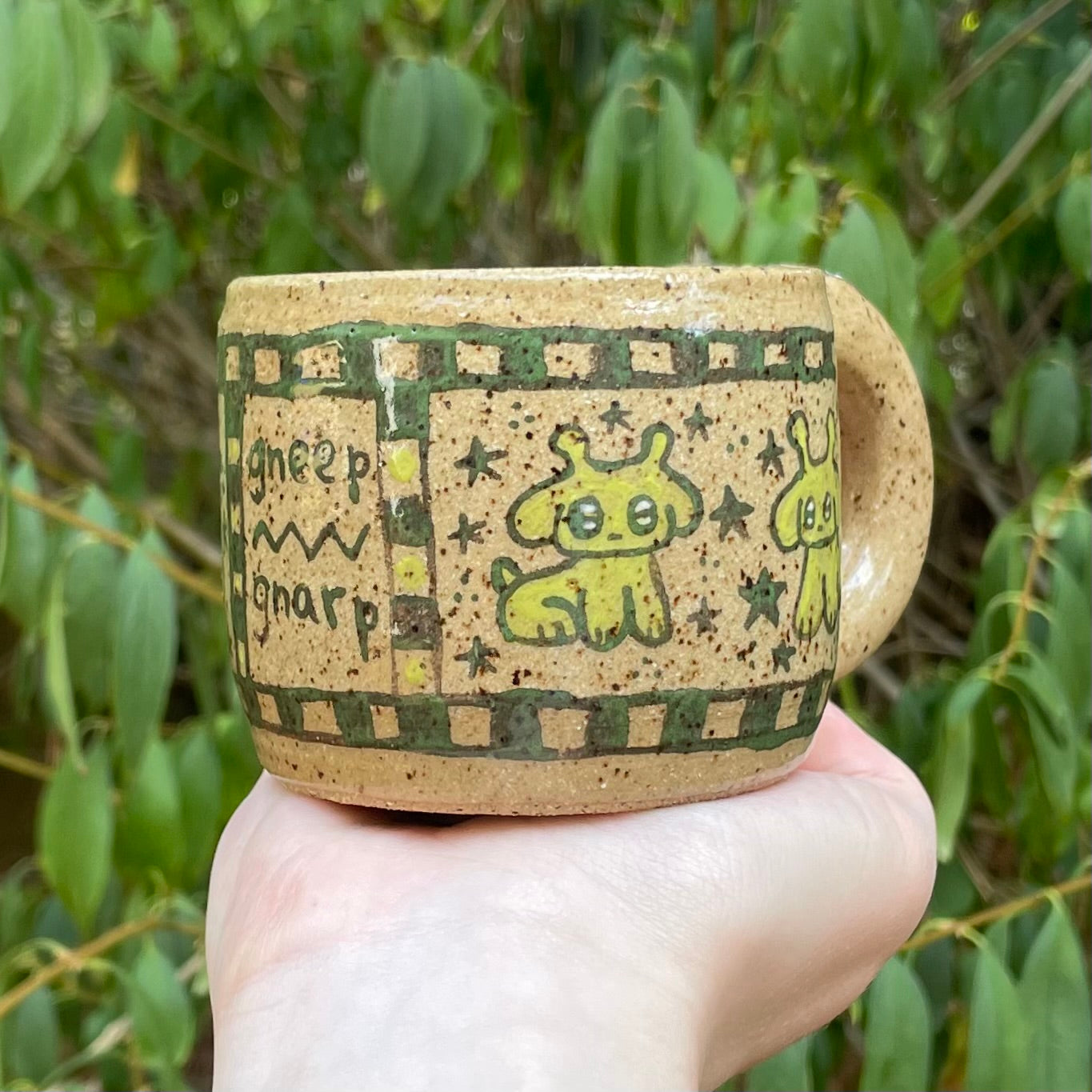 gneep gnarp green alien puppies handmade ceramic stoneware mug!