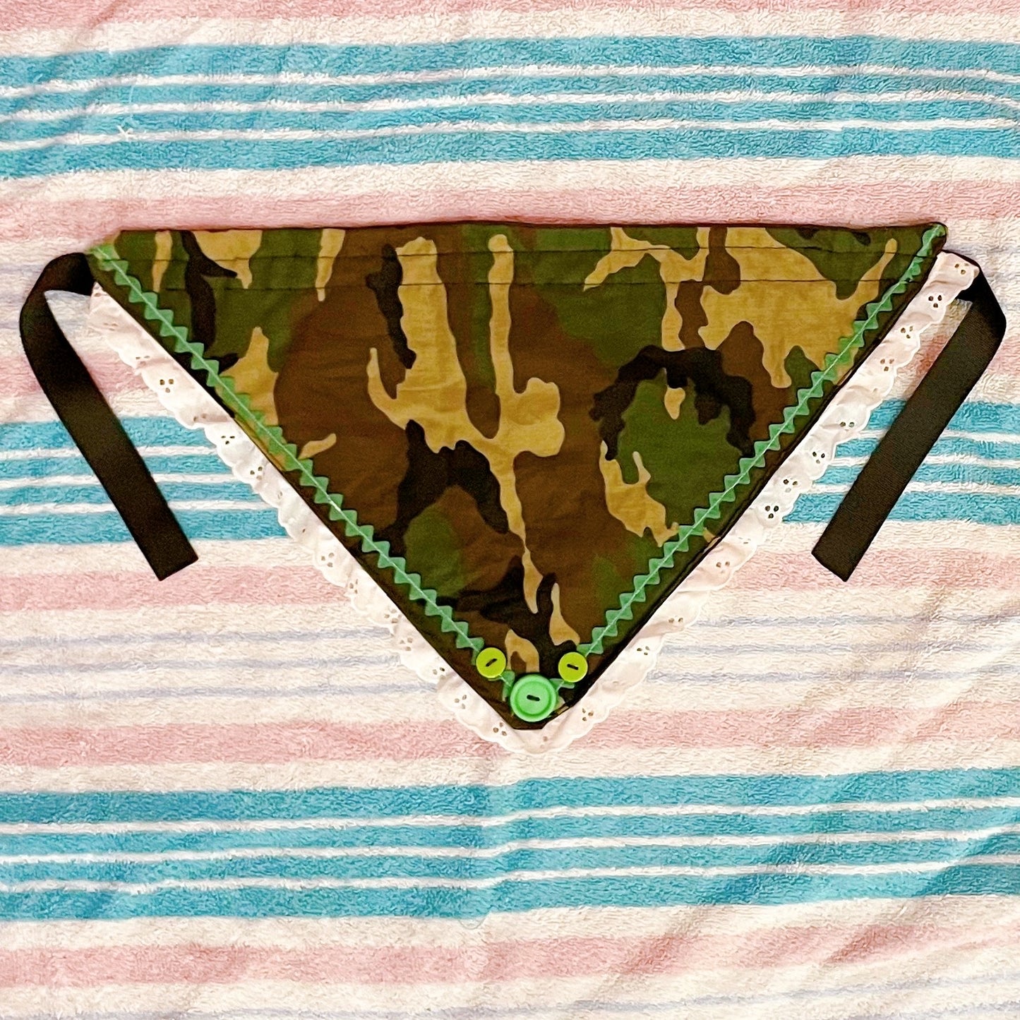 green brown camo lace button fabric bandana!
