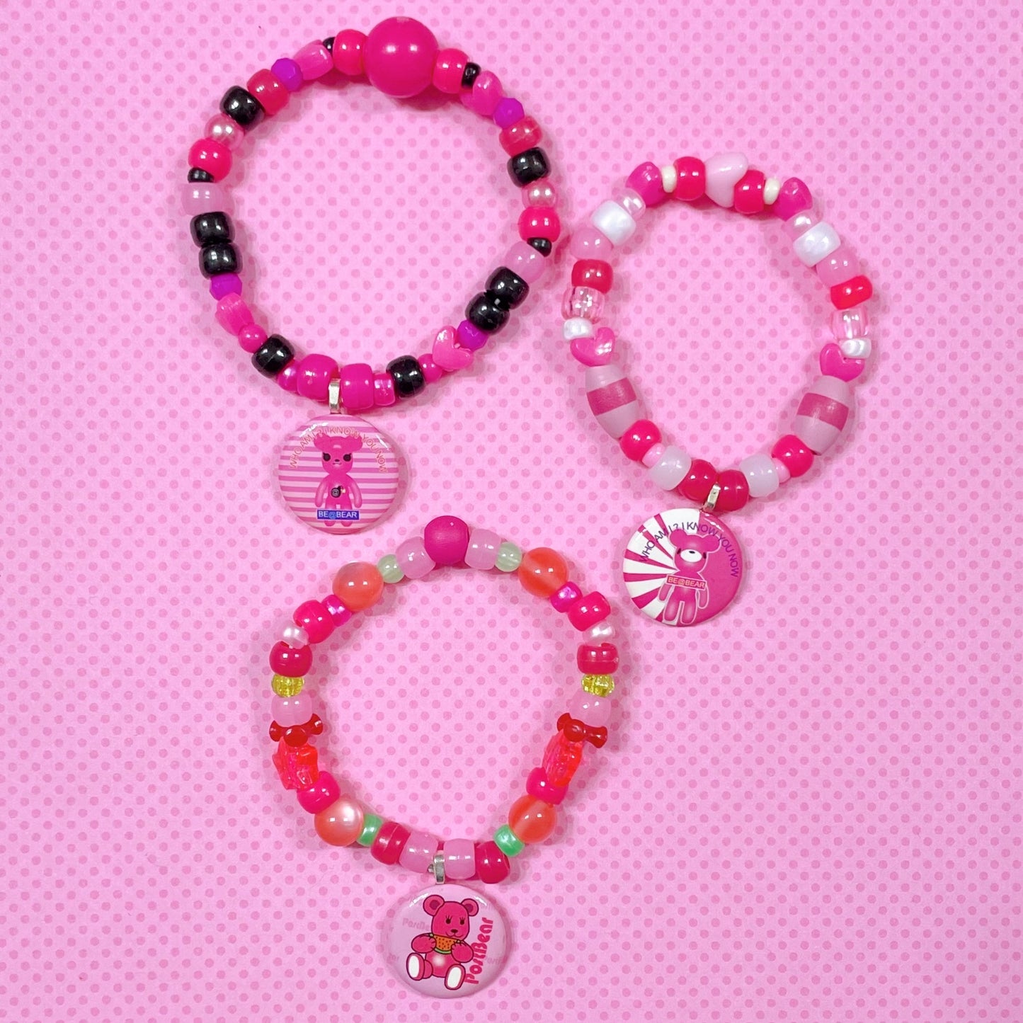 bearbrick pink 3 piece handmade kandi bracelet set!