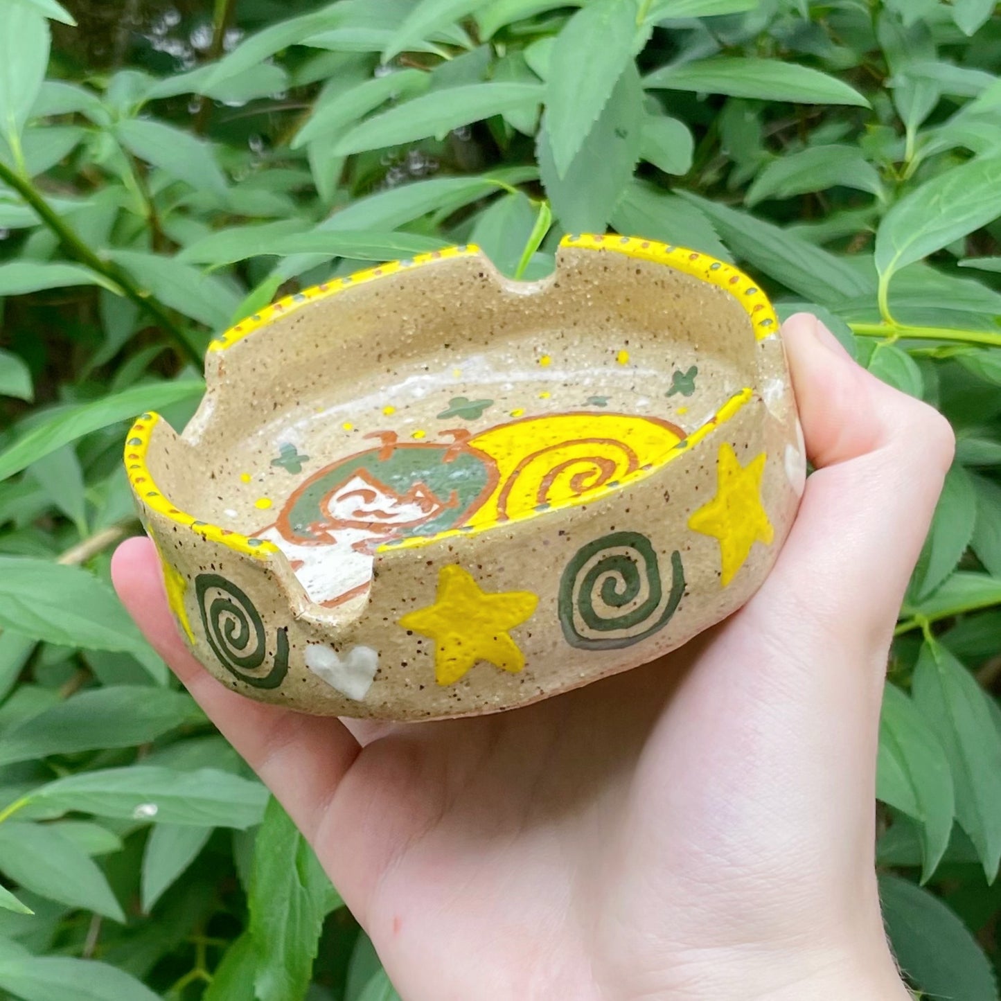 snailgirl yellow brown green kawaii stoneware ceramic ashtray!