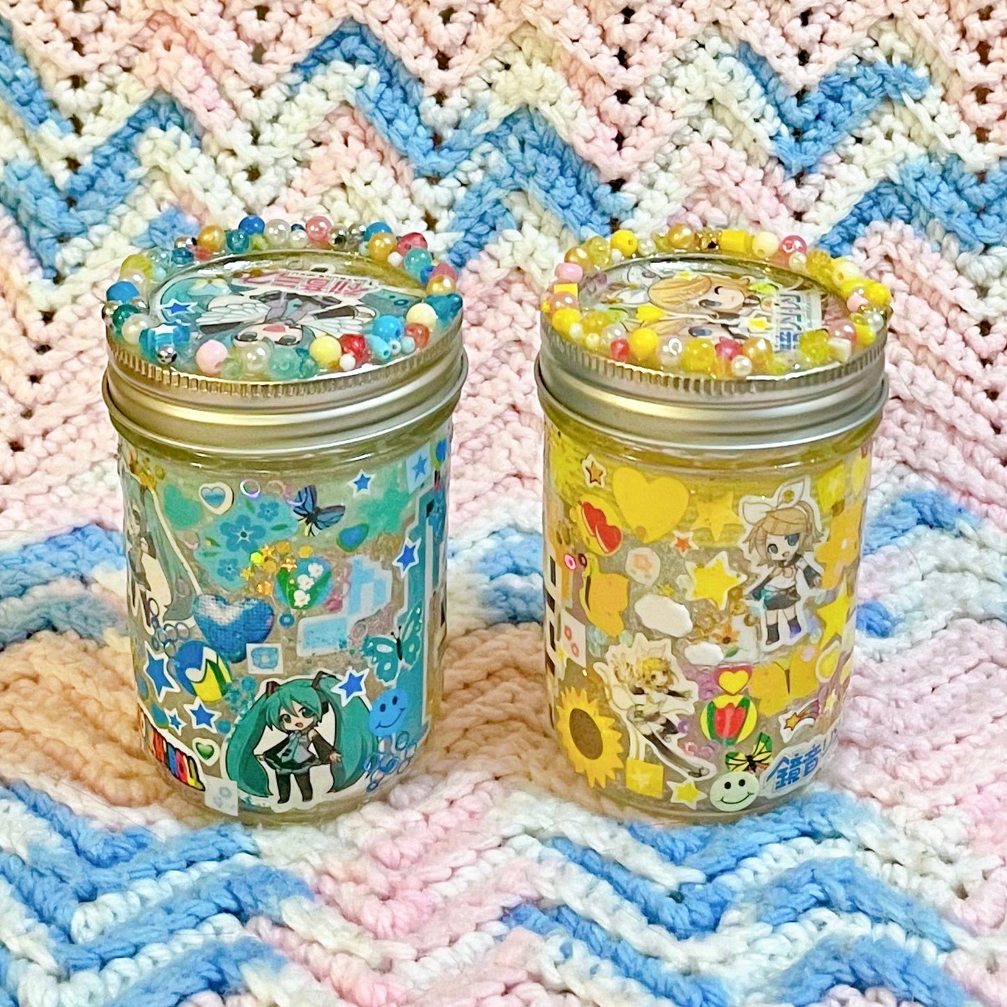 vocaloid kawaii sticker glitter bead decoden rainbow collage glass stash mason jars! (8oz.)
