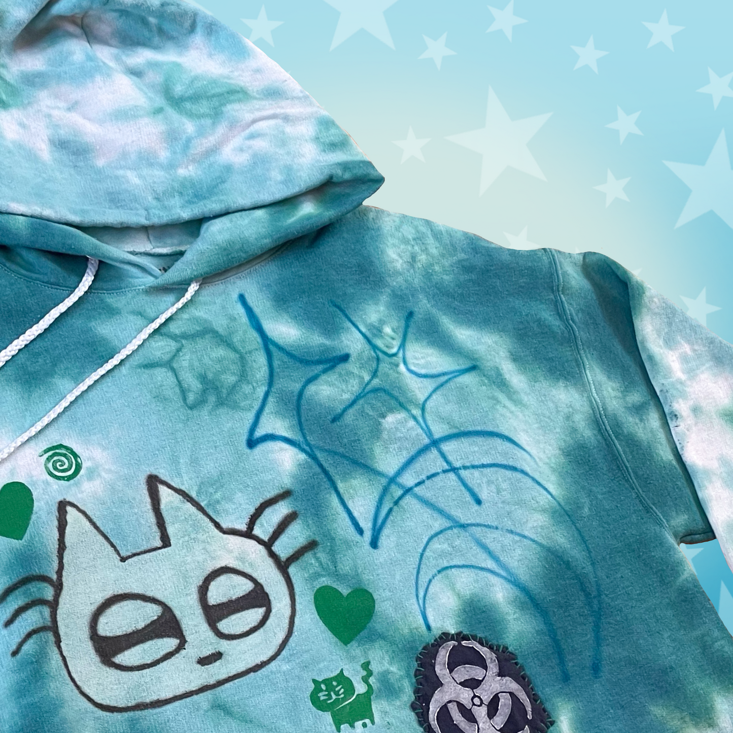 teal tie dye cat biohazard airbrush hoodie! (large)