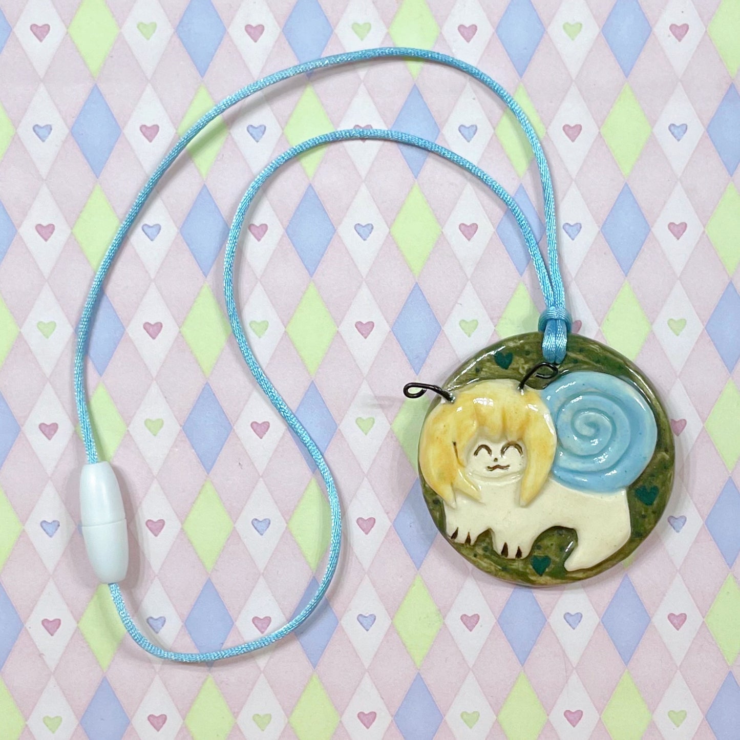 yellow & blue snailgirl kawaii ceramic stoneware necklace!