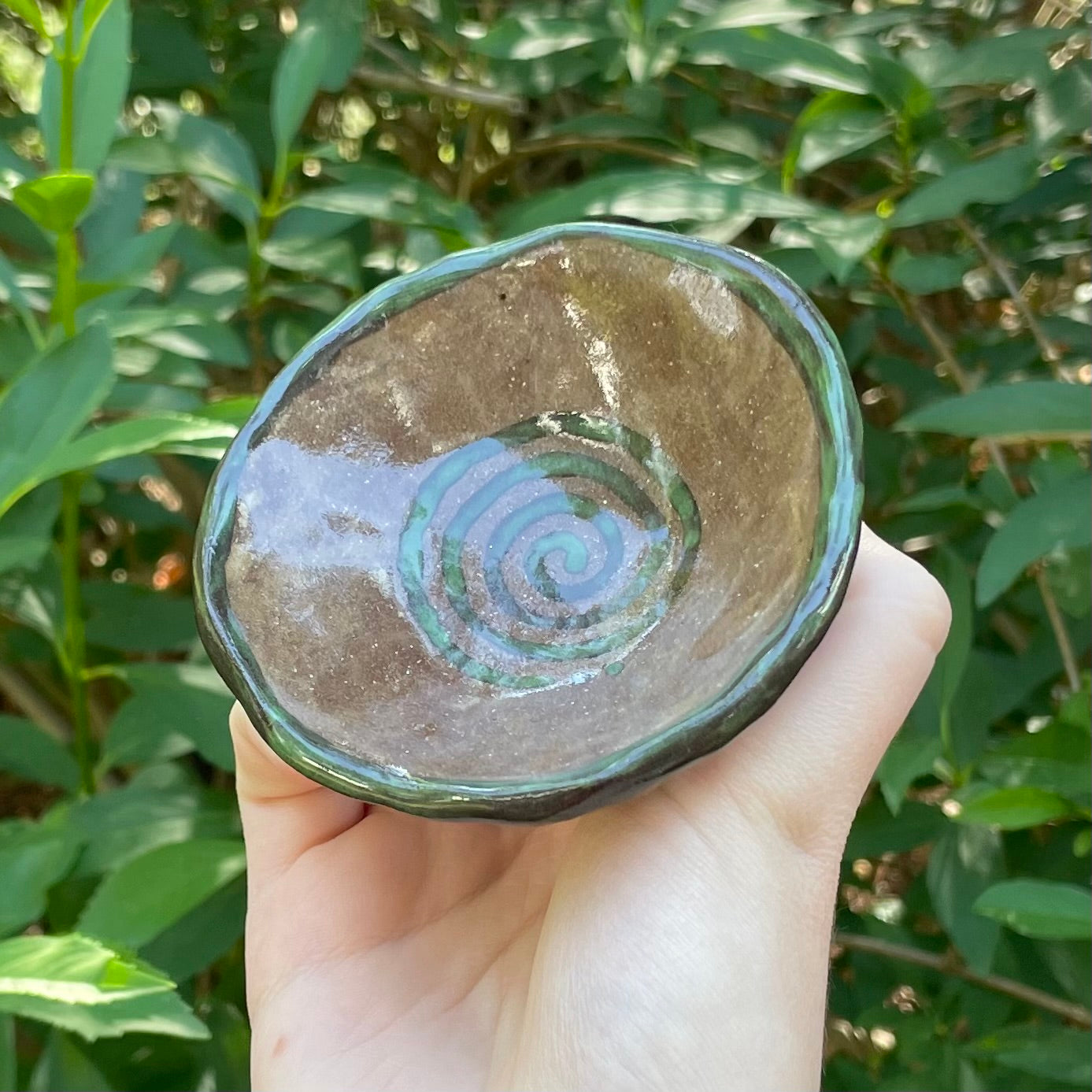 green & brown spiral swirl handmade small ceramic stoneware dish!