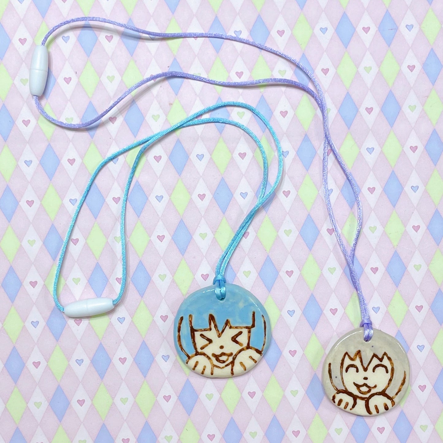 blue & purple kawaii girl ceramic stoneware necklaces!