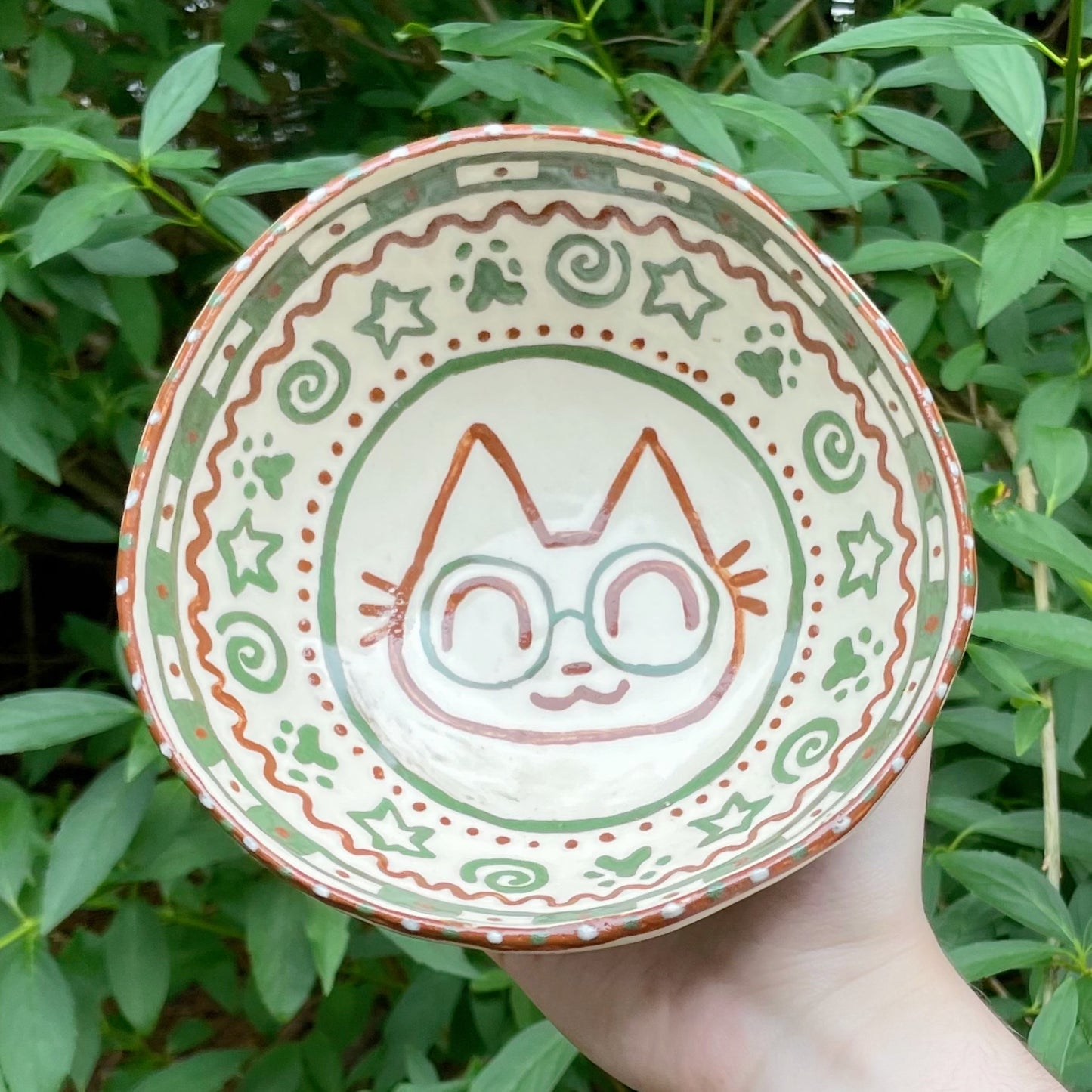 kitty glasses spiral white green kawaii stoneware ceramic bowl!