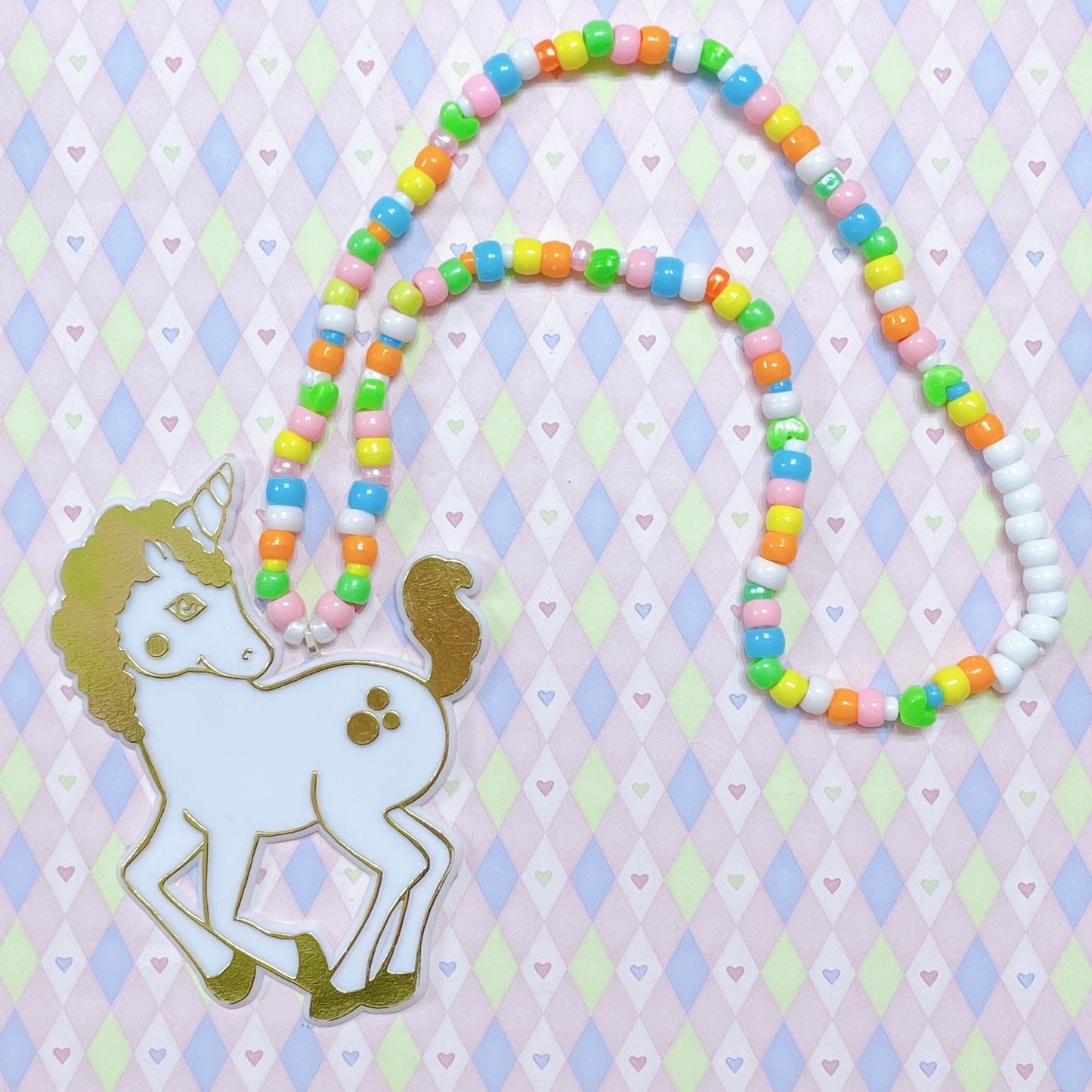 jumbo white gold unicorn rainbow y2k nostalgic kawaii cute decora toy kidcore chunky kandi beaded necklace!