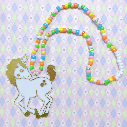 jumbo white gold unicorn rainbow y2k nostalgic kawaii cute decora toy kidcore chunky kandi beaded necklace!