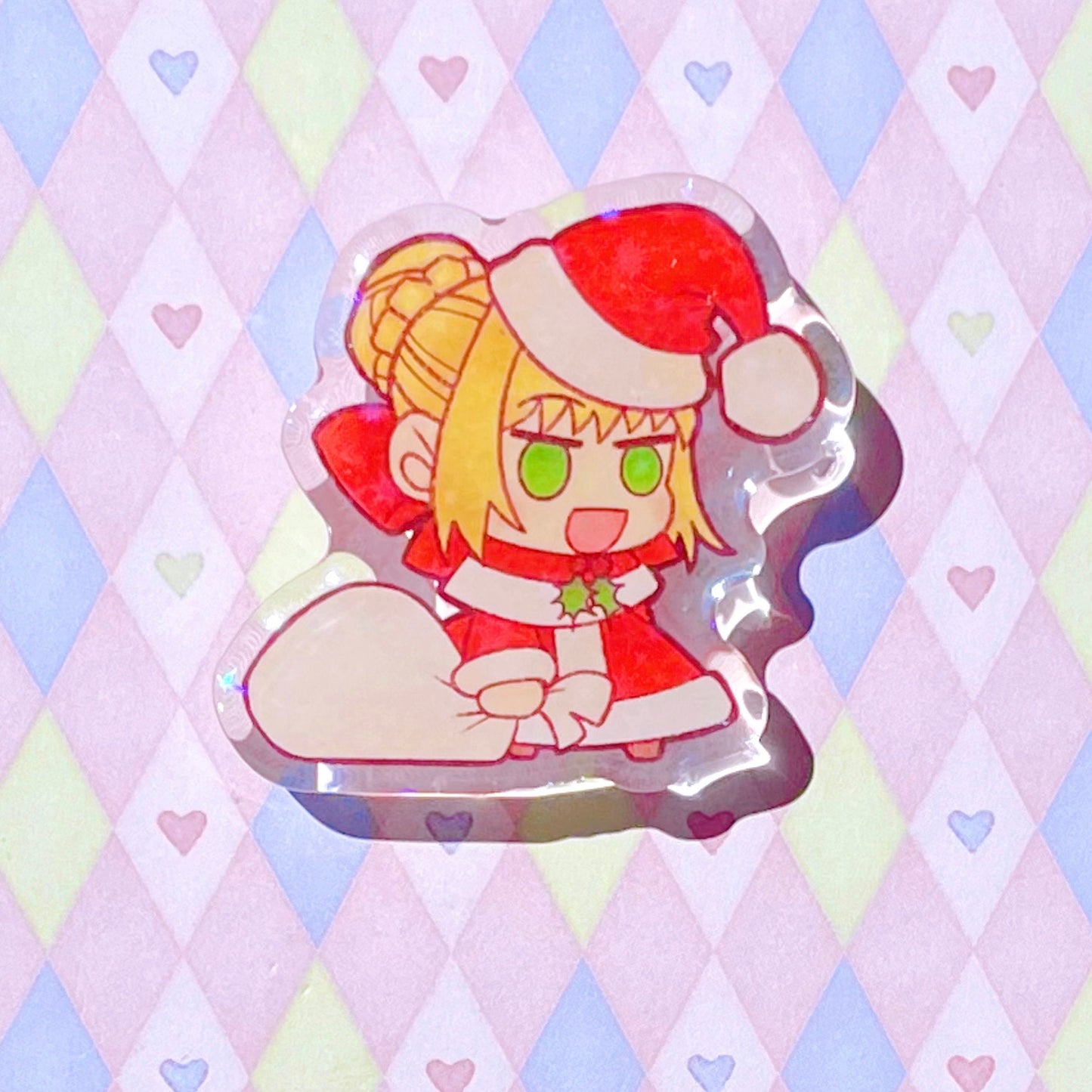 type moon fate padoru holiday saber anime meme holographic glitter acrylic pin! (2")