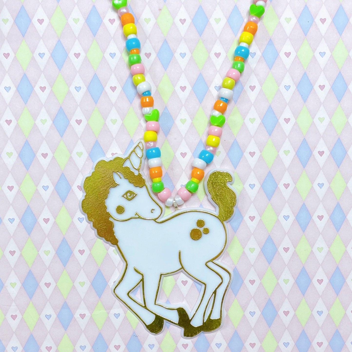 jumbo white gold unicorn rainbow y2k nostalgic kawaii cute decora toy kidcore chunky kandi beaded necklace!