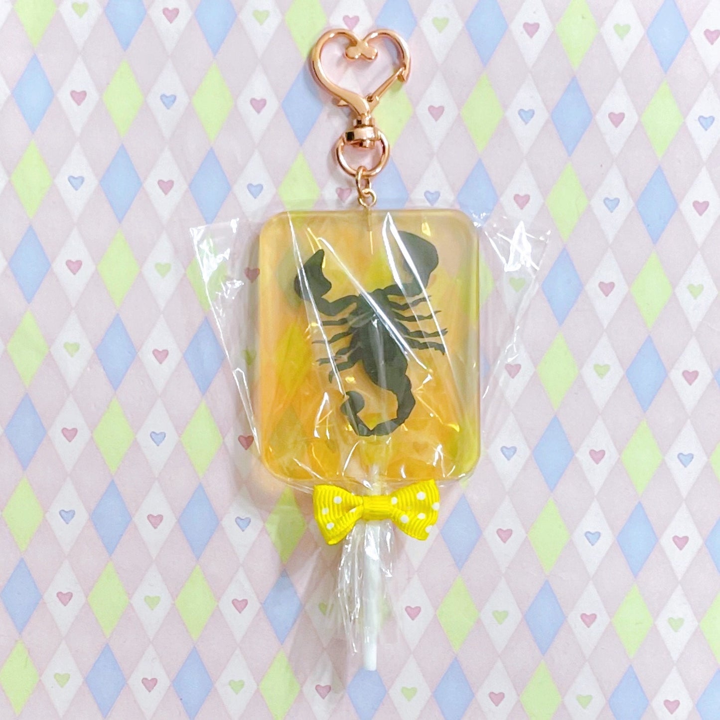 pink yellow blue scorpion lollipop fake candy creepy cute kawaii double sided transparent acrylic keychain! (3.5")