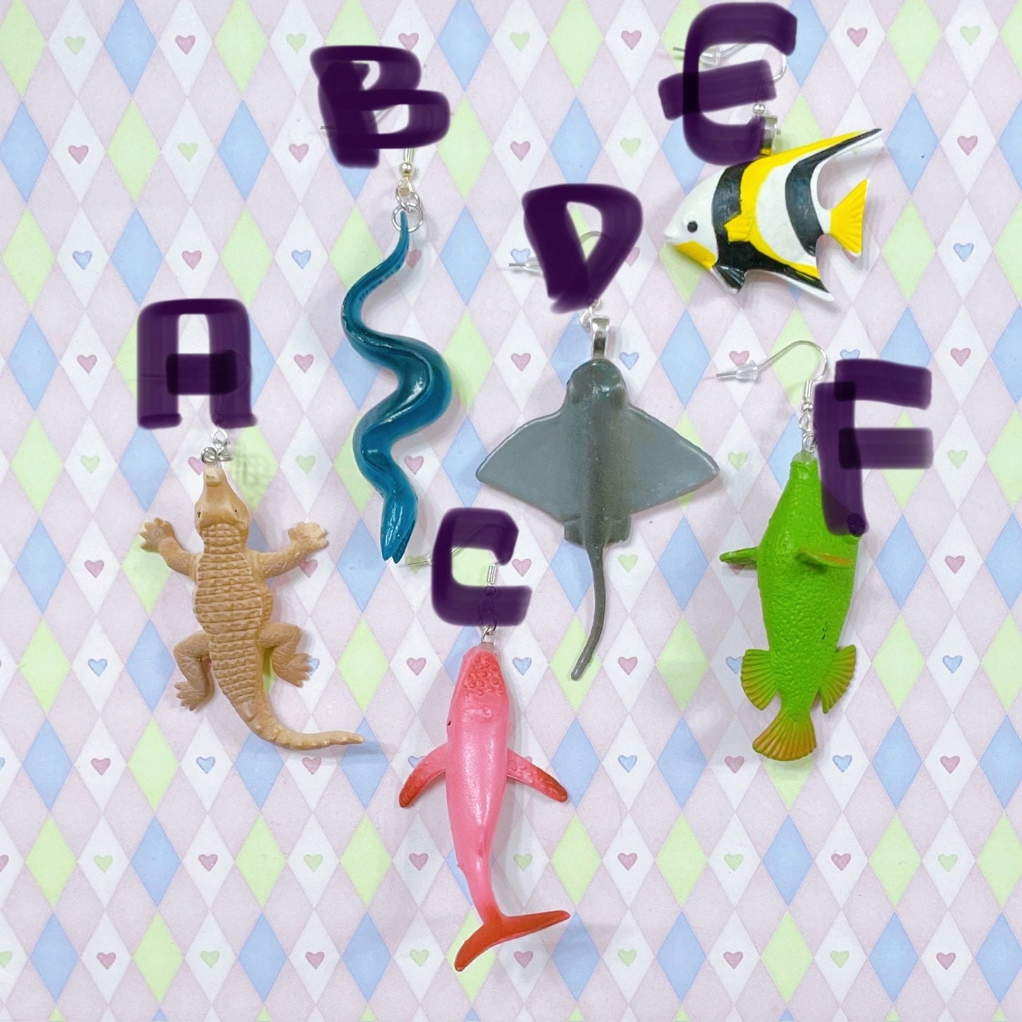 marine sealife underwater fish crocodile whale stingray moray angelfish kidcore upcycled plastic toy dangle earrings!