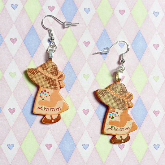 bonnet girl salmon brown miniature painted wood cottagecore dangle earrings!