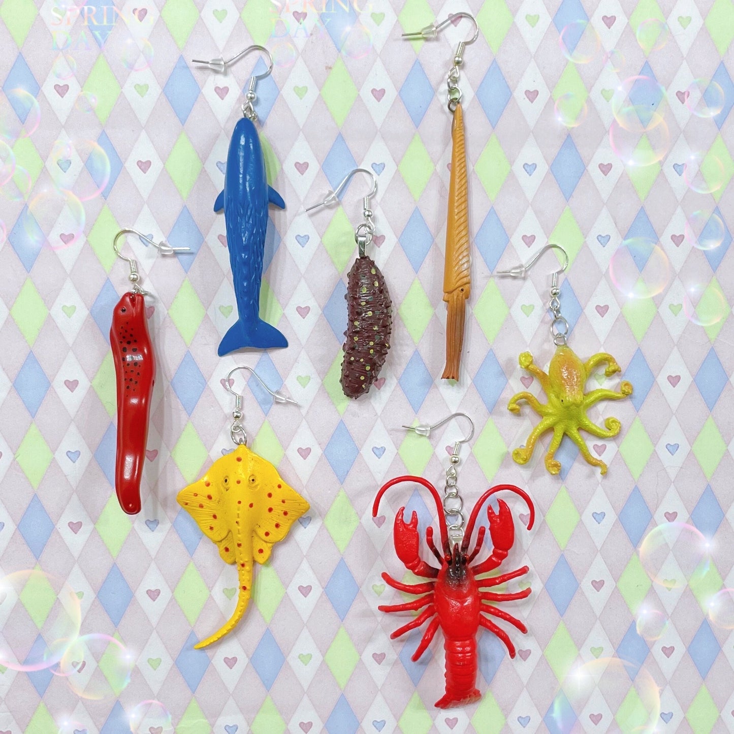 marine life underwater moray whale stingray sea cucumber lobster octopus kidcore upcycled plastic toy dangle earrings!