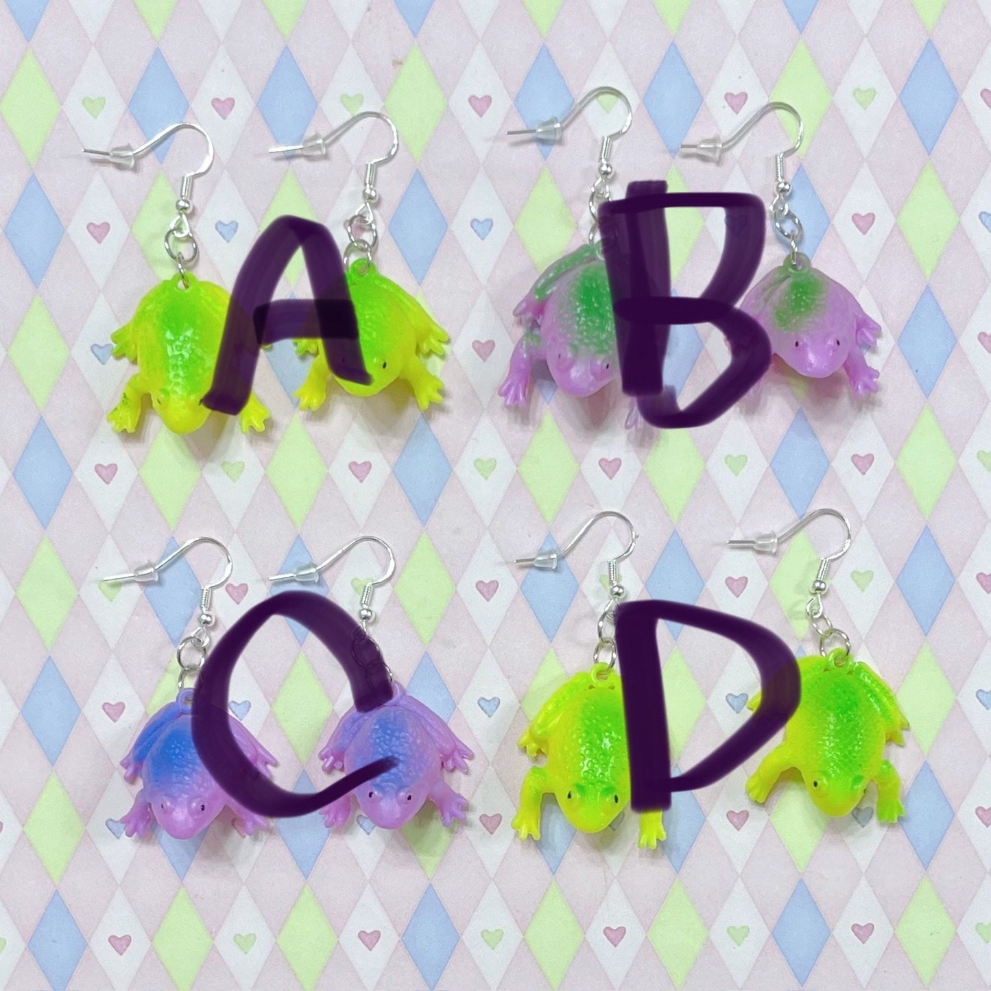 neon purple yellow green mini frog kidcore upcycled plastic toy dangle earrings!