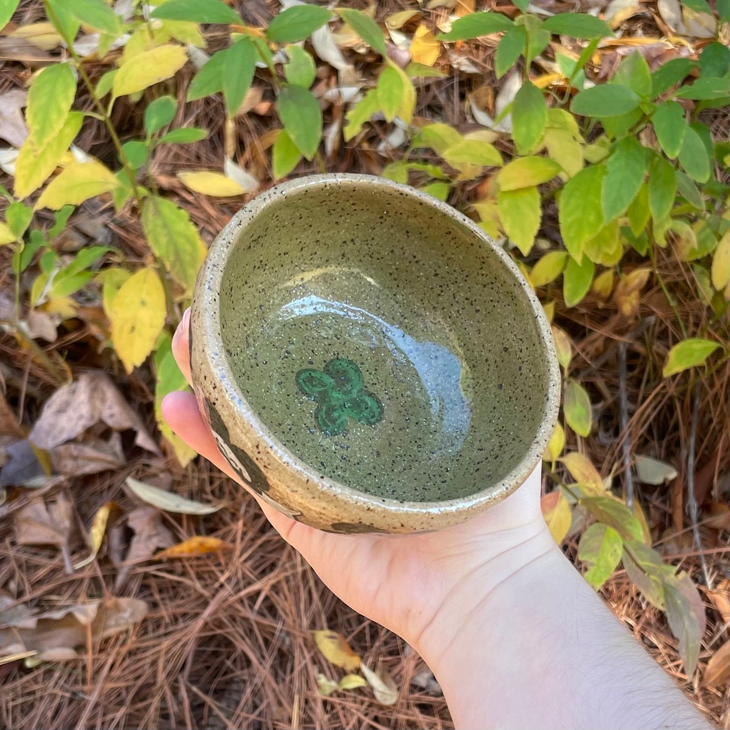 cloverdog brown green wheel thrown ceramic stoneware dish!