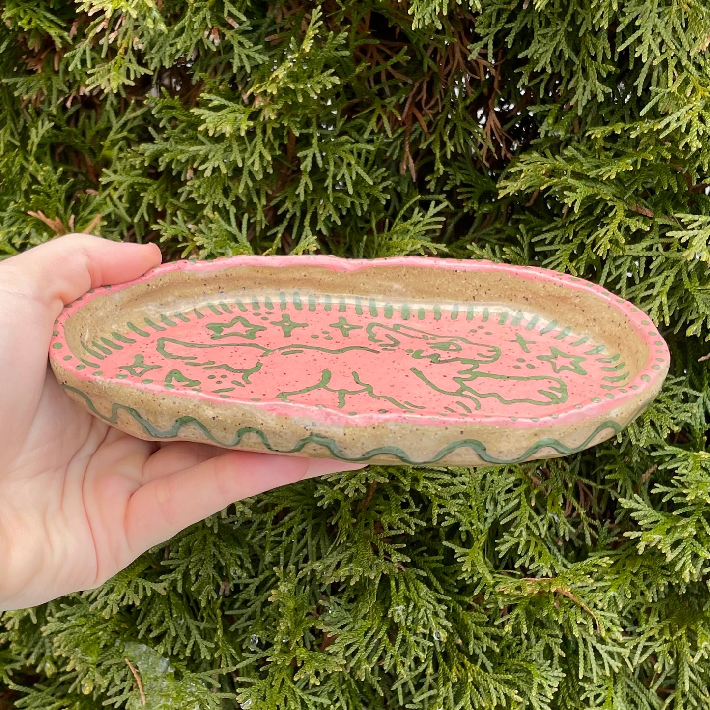 green pink wolf oval handmade ceramic stoneware bowl!