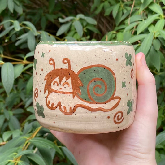 green brown snailgirl kawaii ceramic stoneware flower pot!