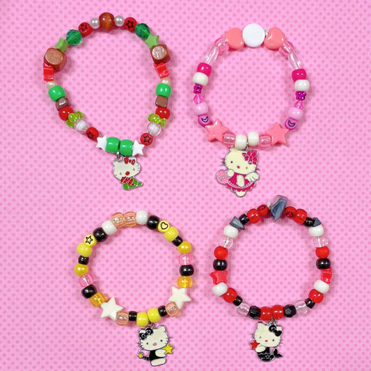 kawaii kitty 4 piece handmade kandi bracelet set!