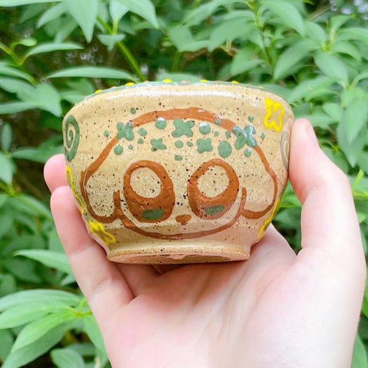 kitty puppy flower spiral yellow brown green kawaii stoneware ceramic cup bowl!