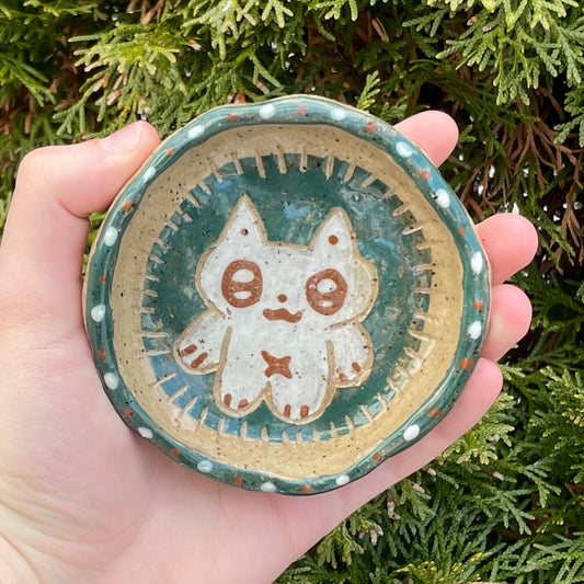 teal white kitty cat handmade ceramic stoneware bowl!