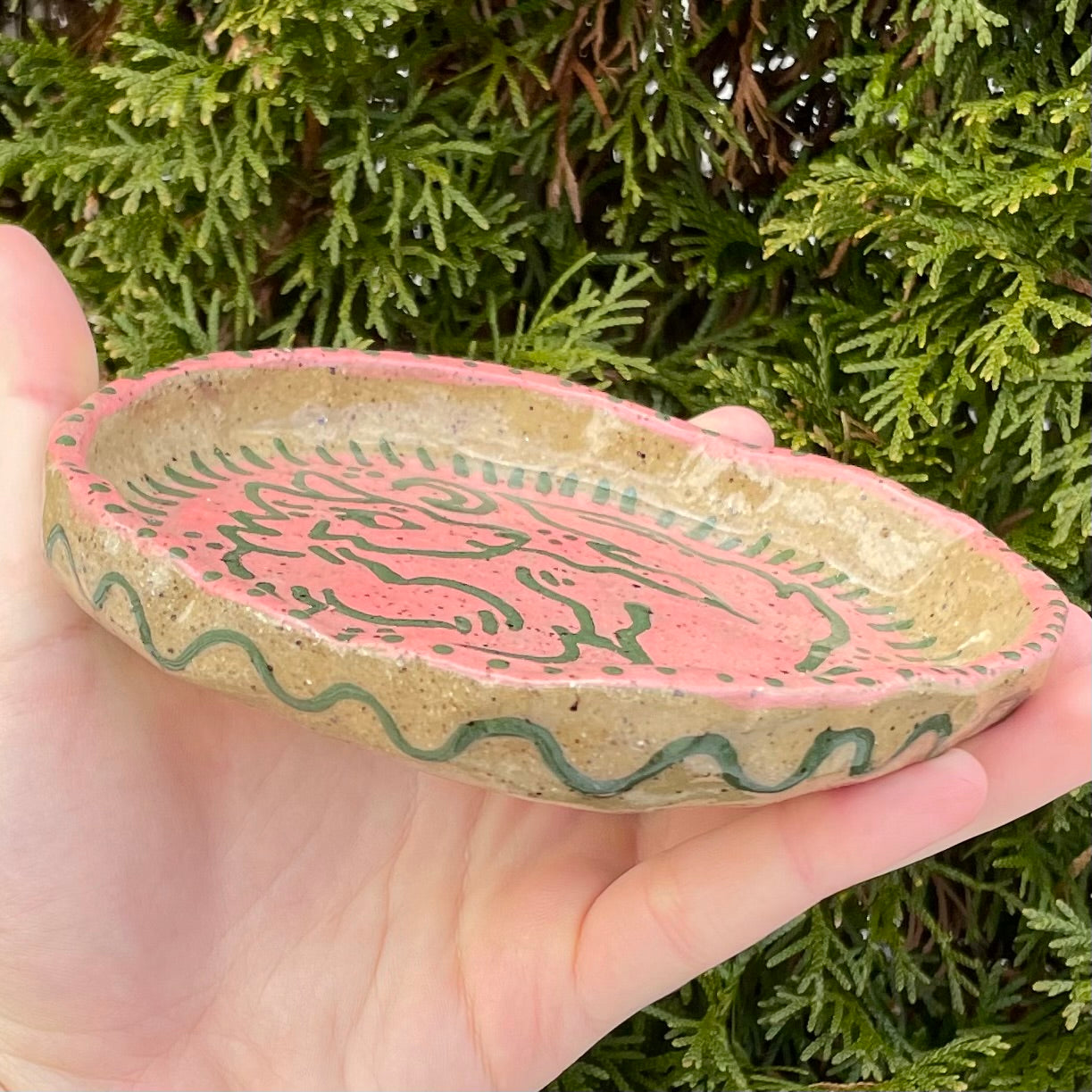 green pink wolf handmade ceramic stoneware bowl!