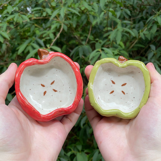 red & green apple handmade small ceramic stoneware trinket dishes!