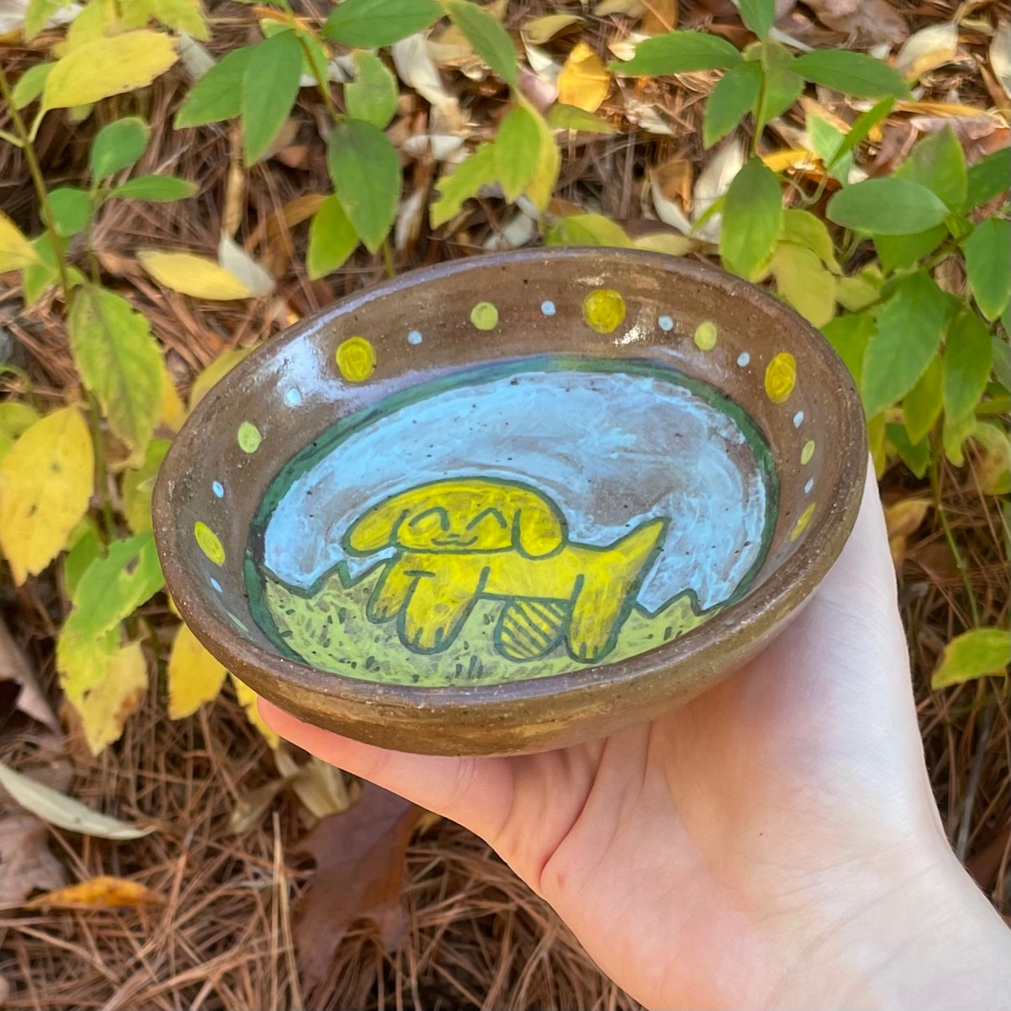 yellow puppy wheel thrown ceramic stoneware dish!