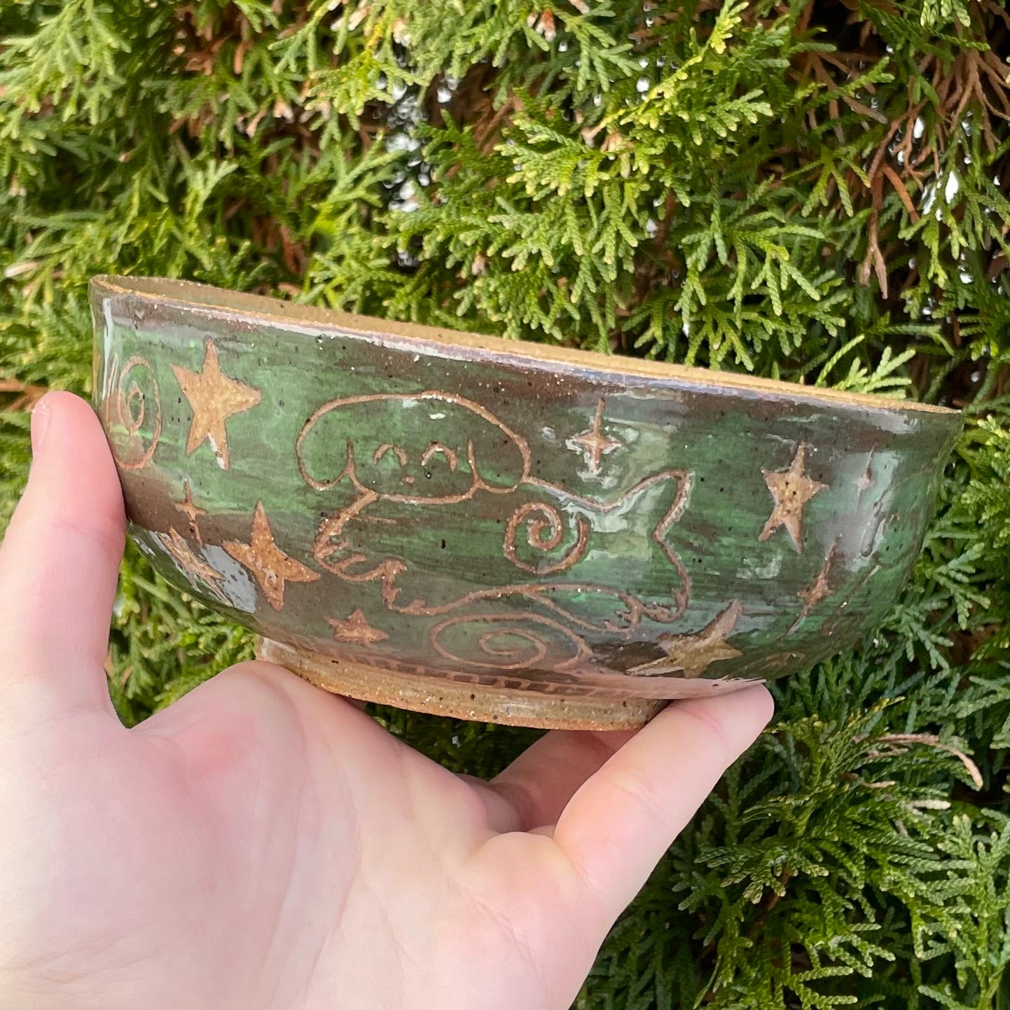 brown green puppy spiral wheel thrown ceramic stoneware bowl!