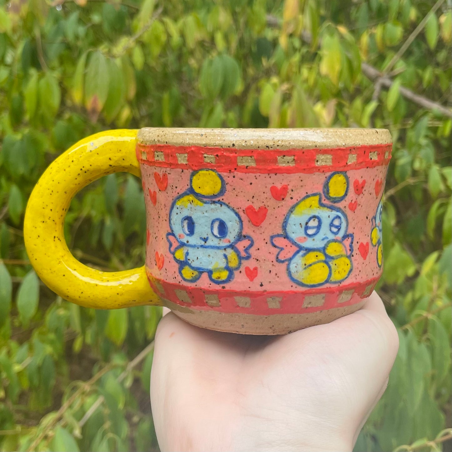 chao pink yellow blue cute handmade ceramic stoneware mug!