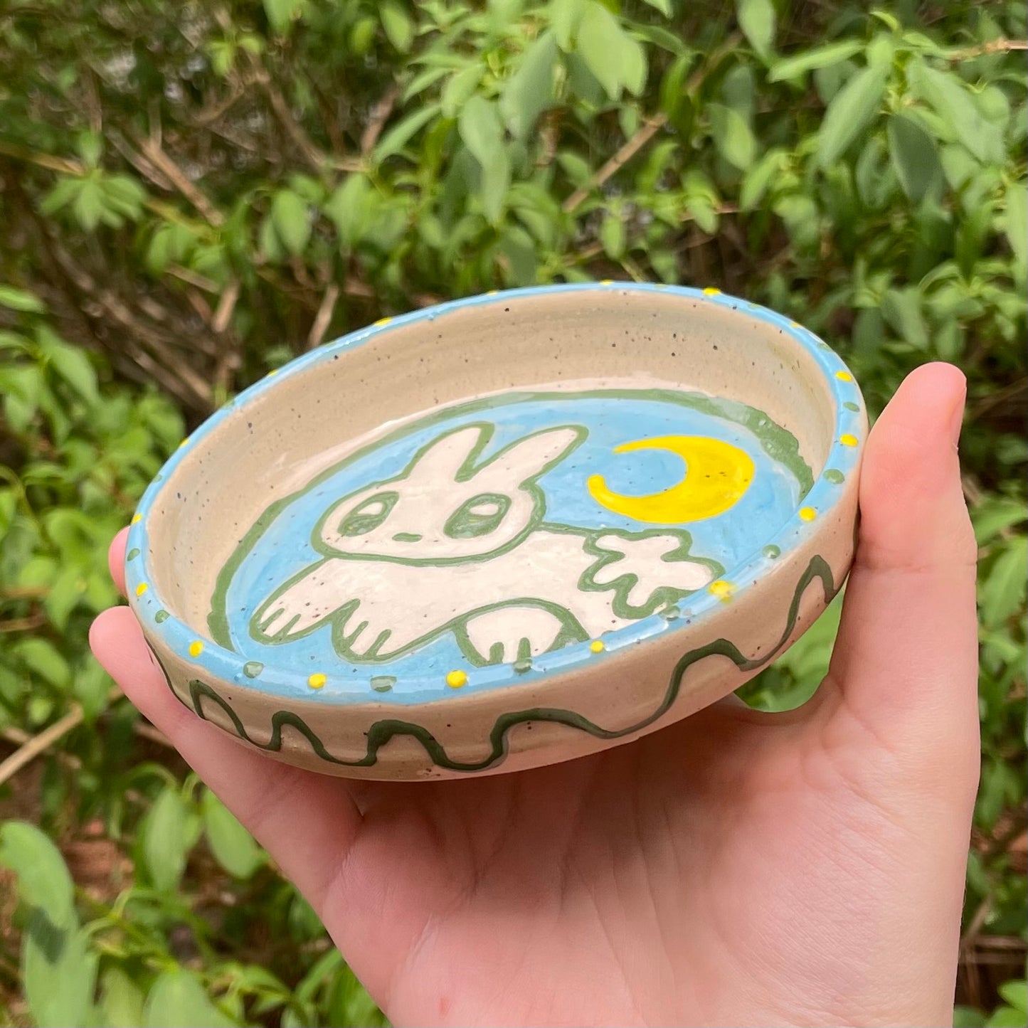 blue moon bunny wheel thrown ceramic stoneware dish!