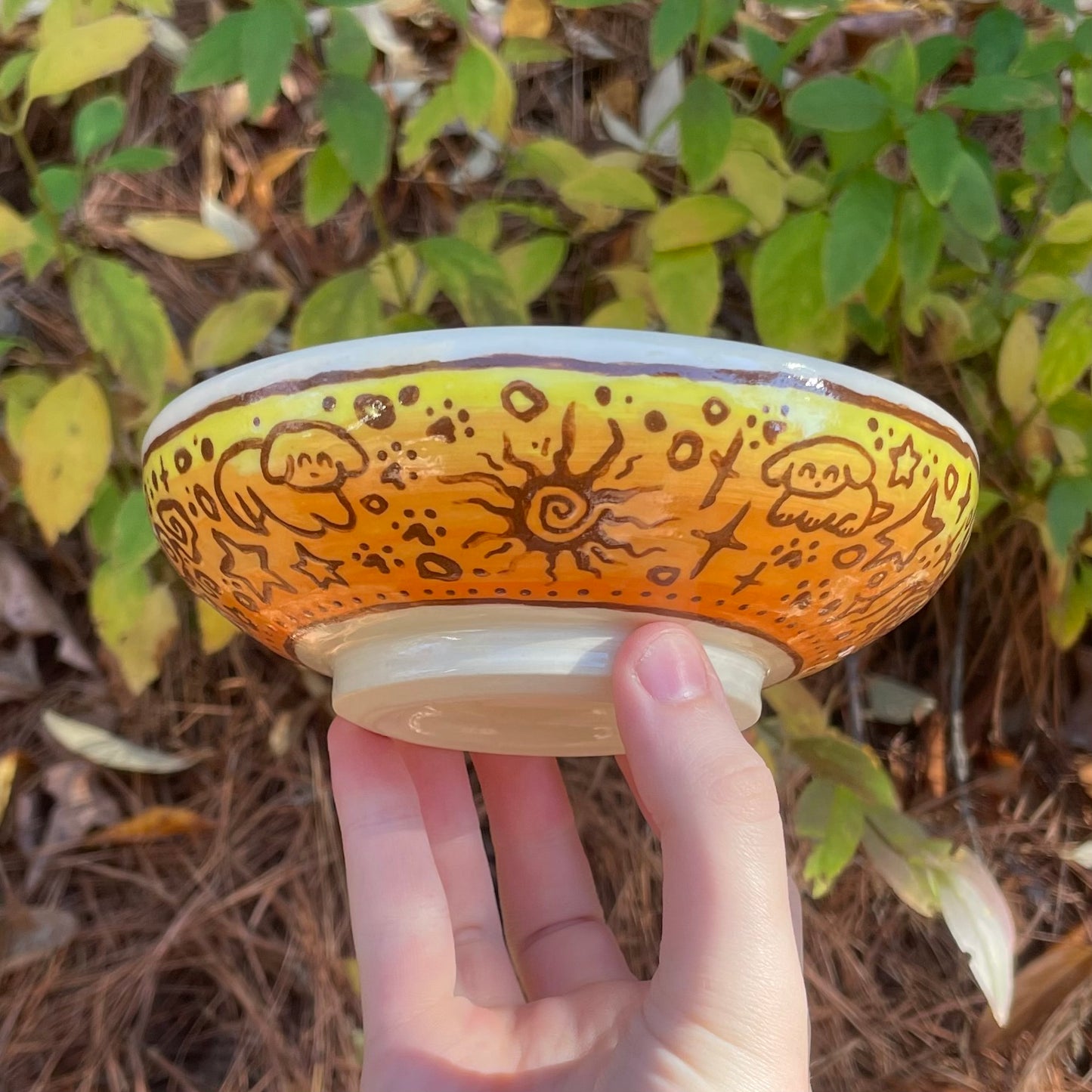 yellow orange gradient doodle wheel thrown ceramic stoneware dish!