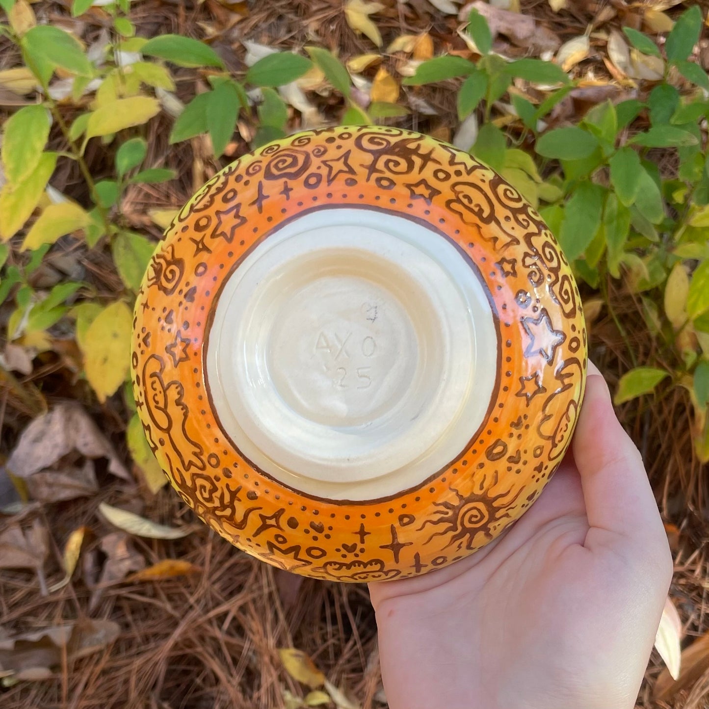 yellow orange gradient doodle wheel thrown ceramic stoneware dish!