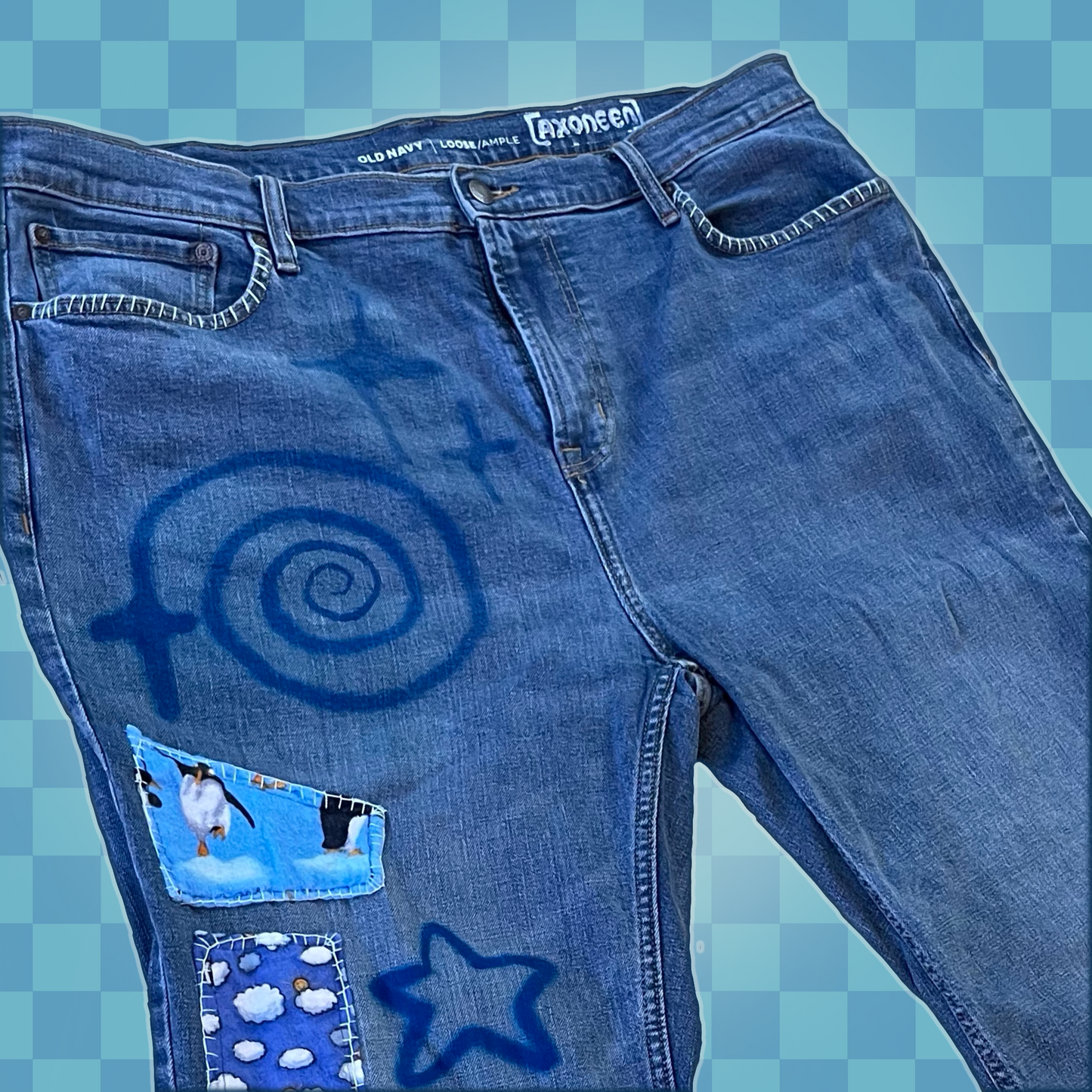 patchwork blue airbrushed spiral bunny denim jeans! (40" x 32")