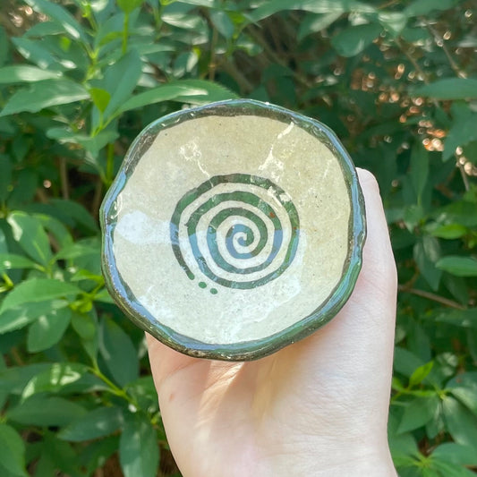 green & white spiral swirl handmade small ceramic stoneware dish!
