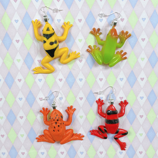 multicolor poison dart frog kidcore upcycled plastic toy dangle earrings!