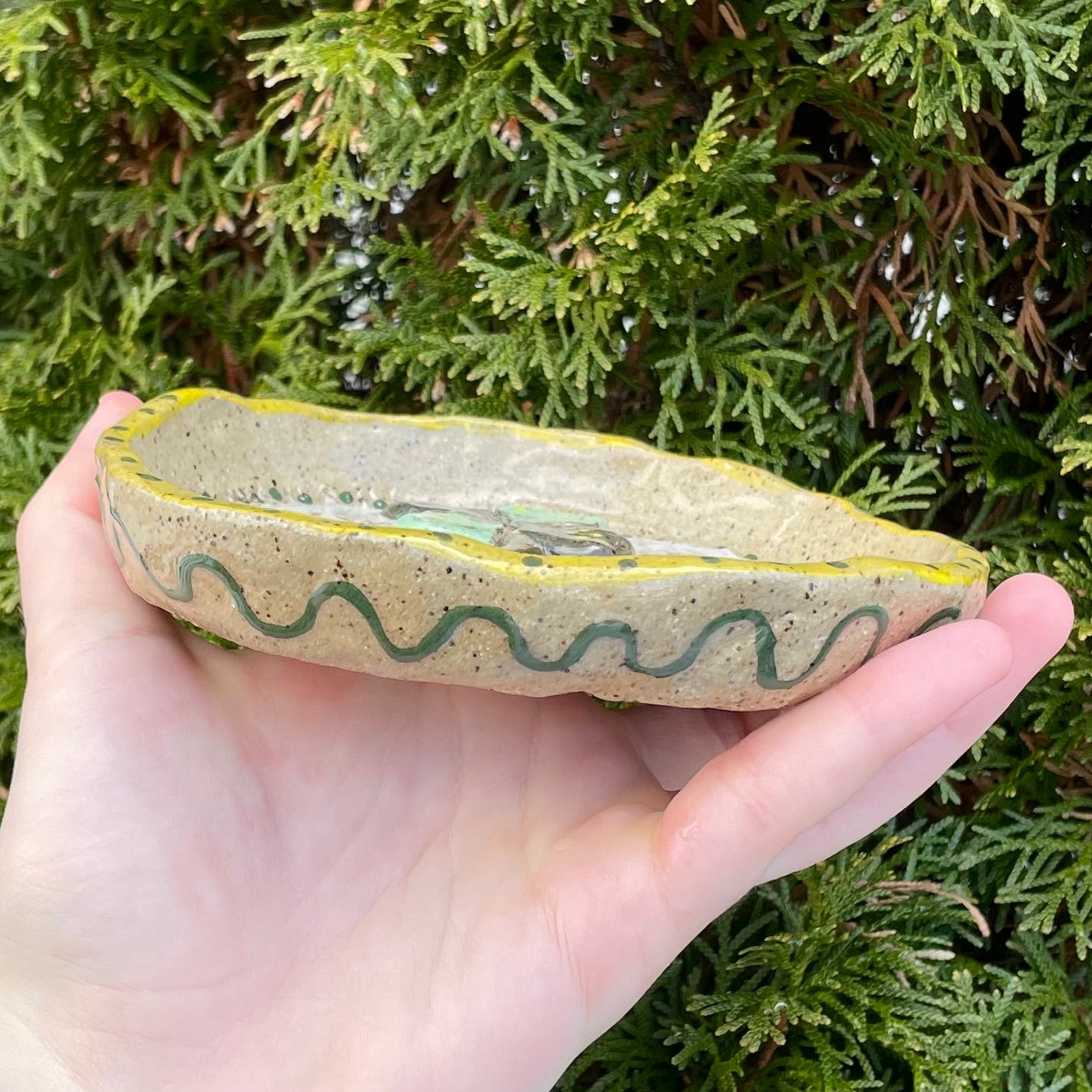 lucky puppy days yellow green handmade ceramic stoneware bowl!