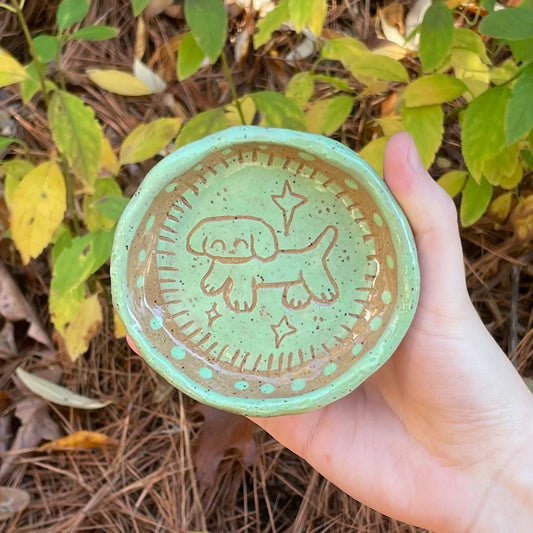 green carved puppy handmade ceramic stoneware mini dish!