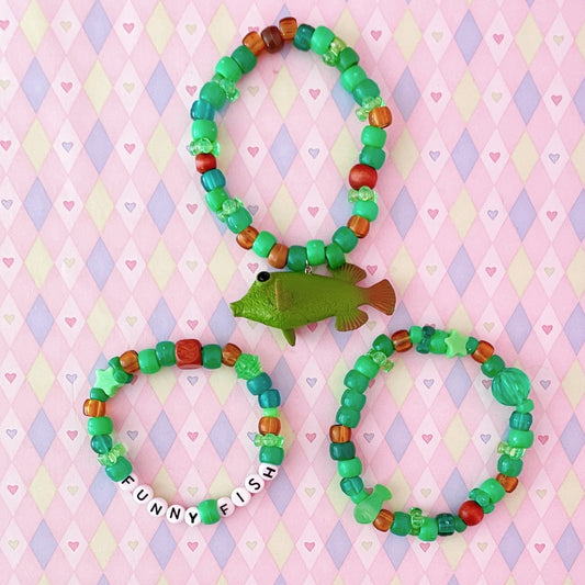 funny fish green brown handmade kandi bracelet set!