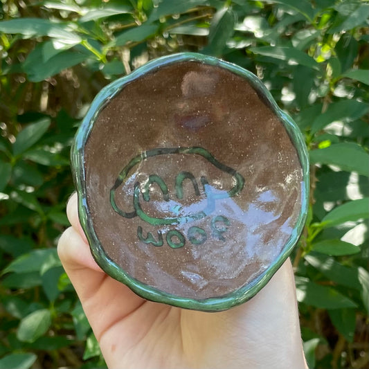 green & brown puppy dog woof handmade small ceramic stoneware dish!