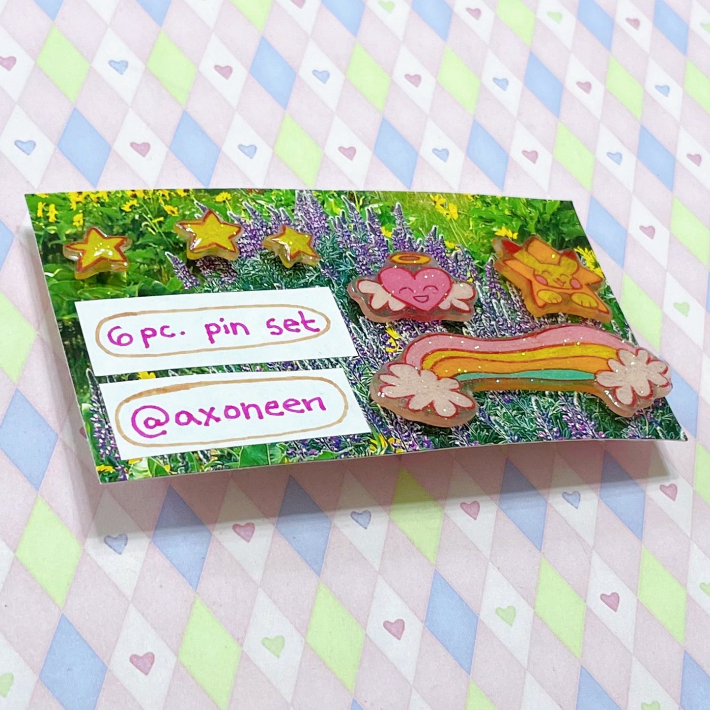 handmade rainbow heart star pastel glitter shrink plastic kawaii 6pc pin set!