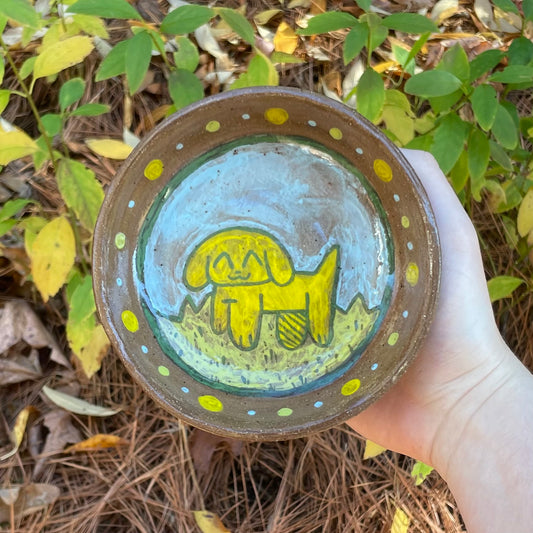 yellow puppy wheel thrown ceramic stoneware dish!