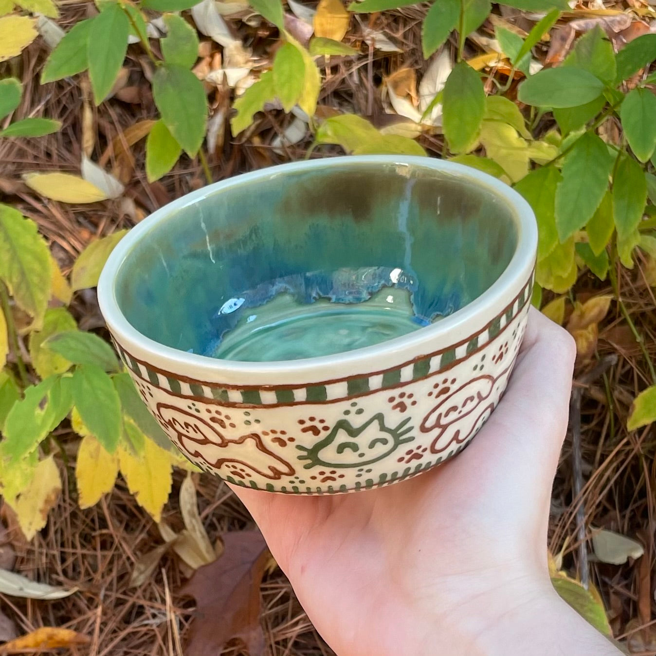 green brown puppy kitty wheel thrown ceramic stoneware dish!