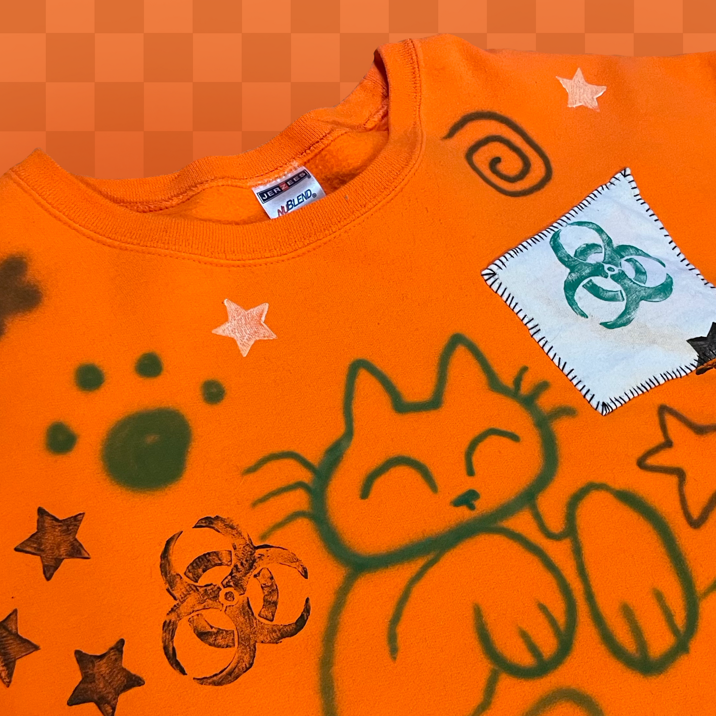 neon orange airbrushed star spiral kitty cat sweatshirt! (3xlarge)