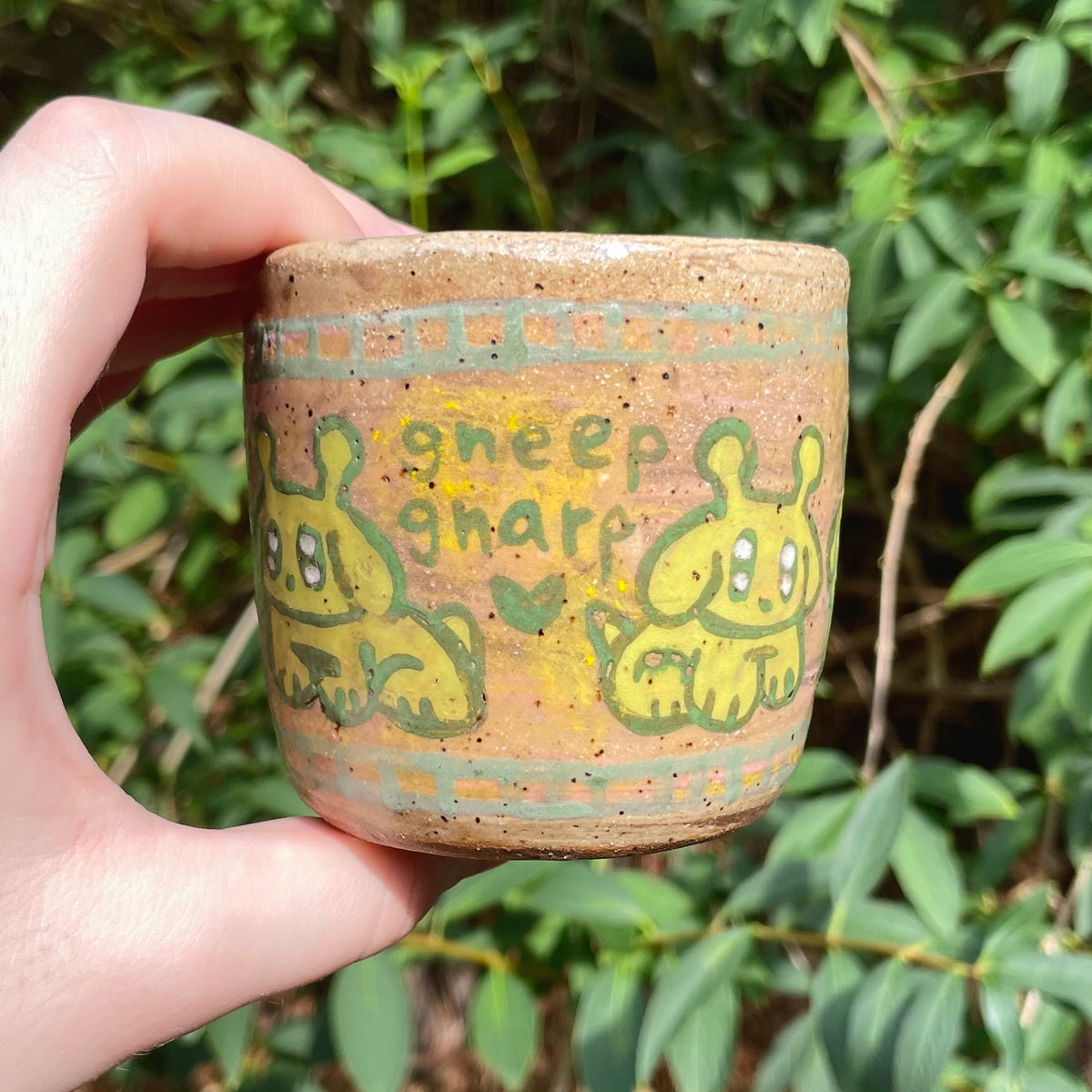 gneep gnarp green alien puppies handmade ceramic stoneware mug!