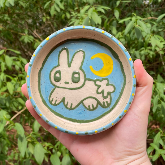 blue moon bunny wheel thrown ceramic stoneware dish!