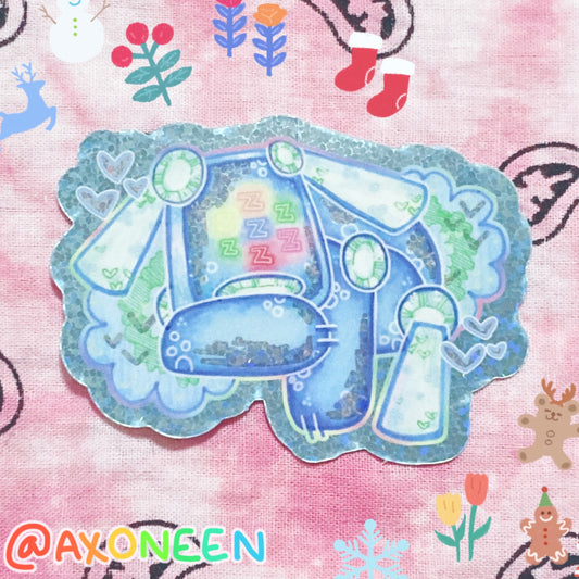 blue sleeping i-dog toy glitter holographic vinyl sticker! (3")