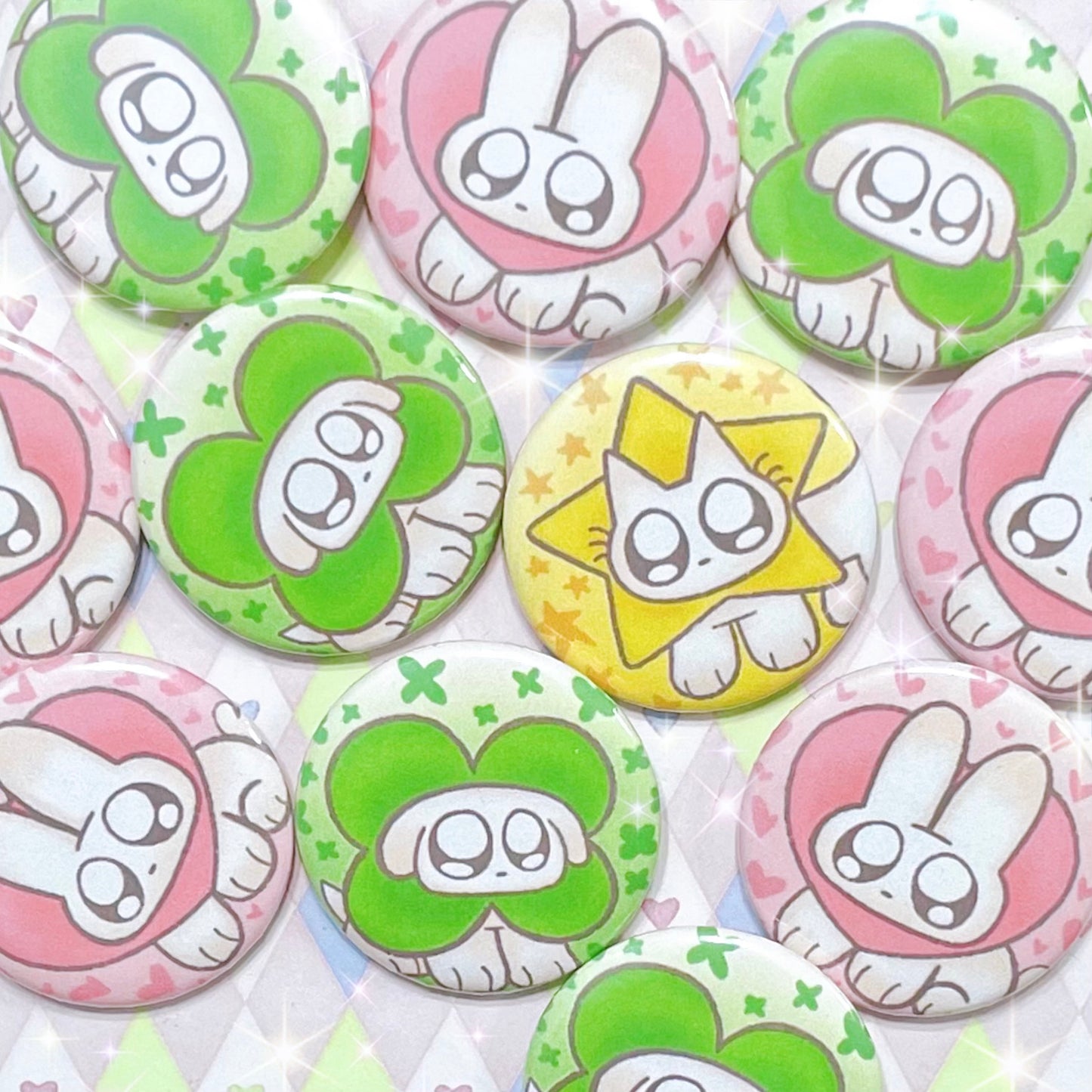 cloverdog lovebunny starcat kawaii cute pinback buttons! (1.5")