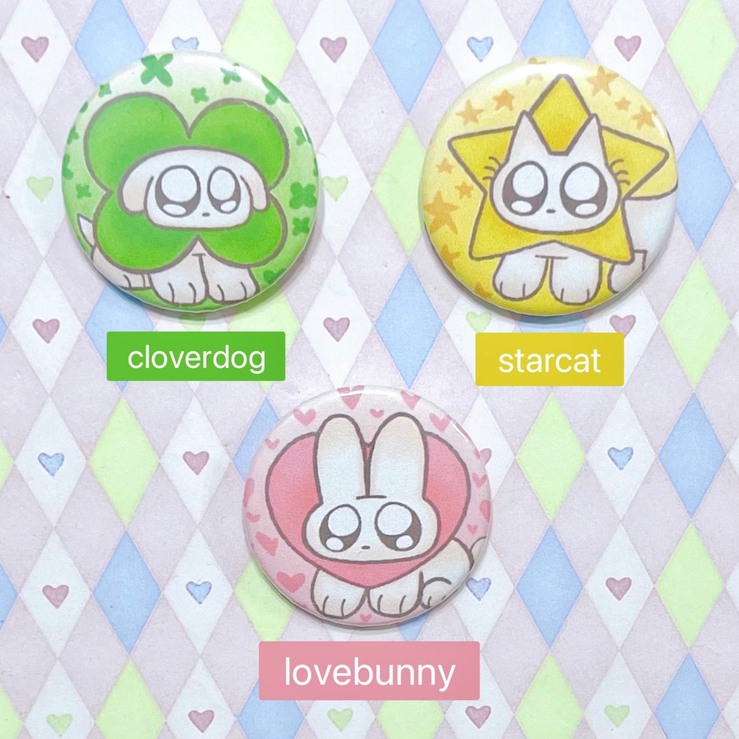 cloverdog lovebunny starcat kawaii cute pinback buttons! (1.5")