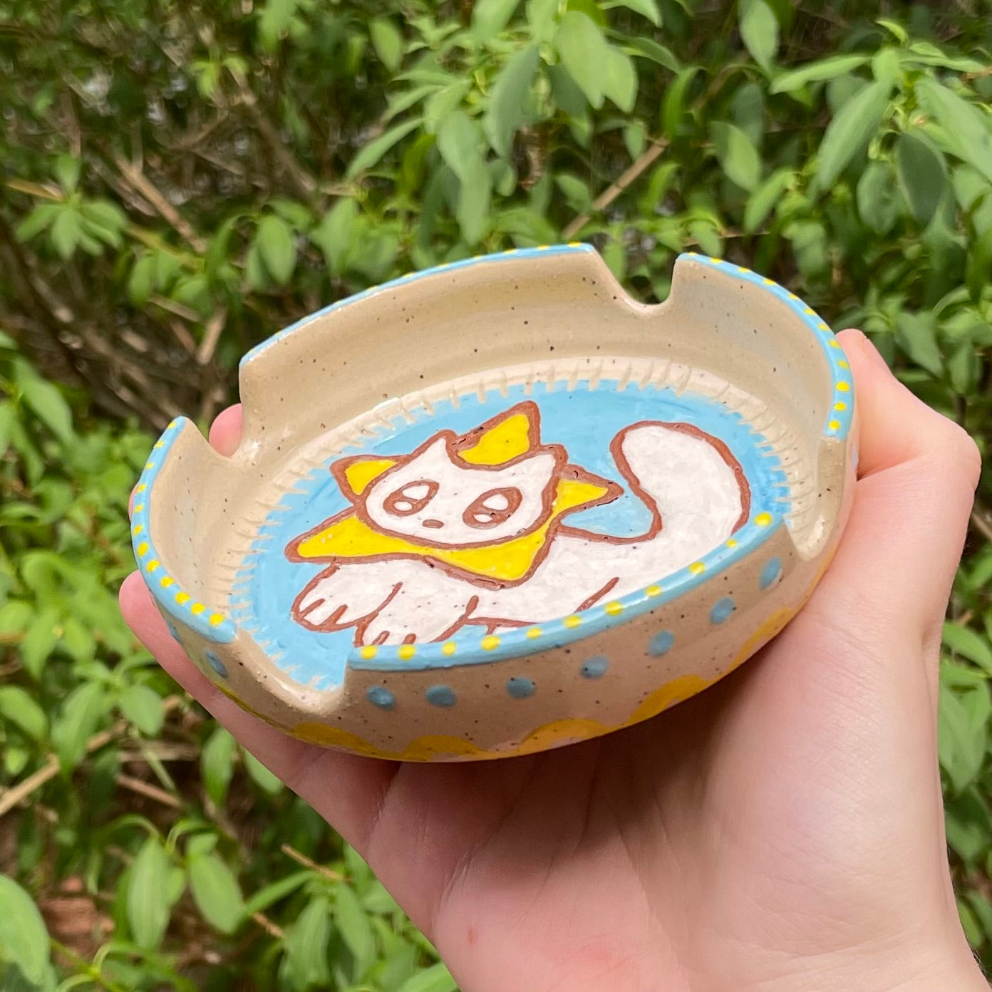 starcat blue wheel thrown ceramic stoneware ashtray!